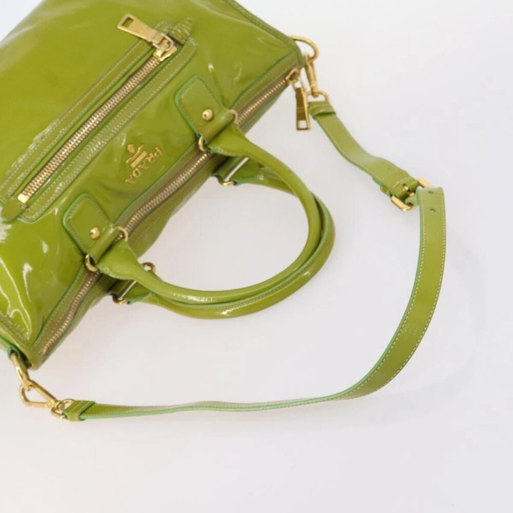 PRADA Hand Bag Enamel 2way Green Gold Auth - Picture 7 of 15